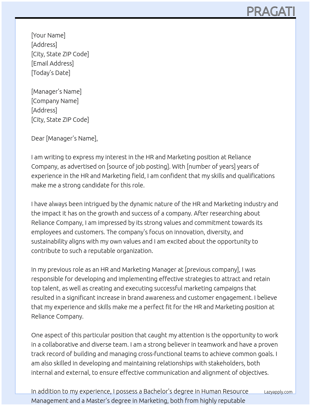 HR AND MARKETING At Reliance company Cover Letter