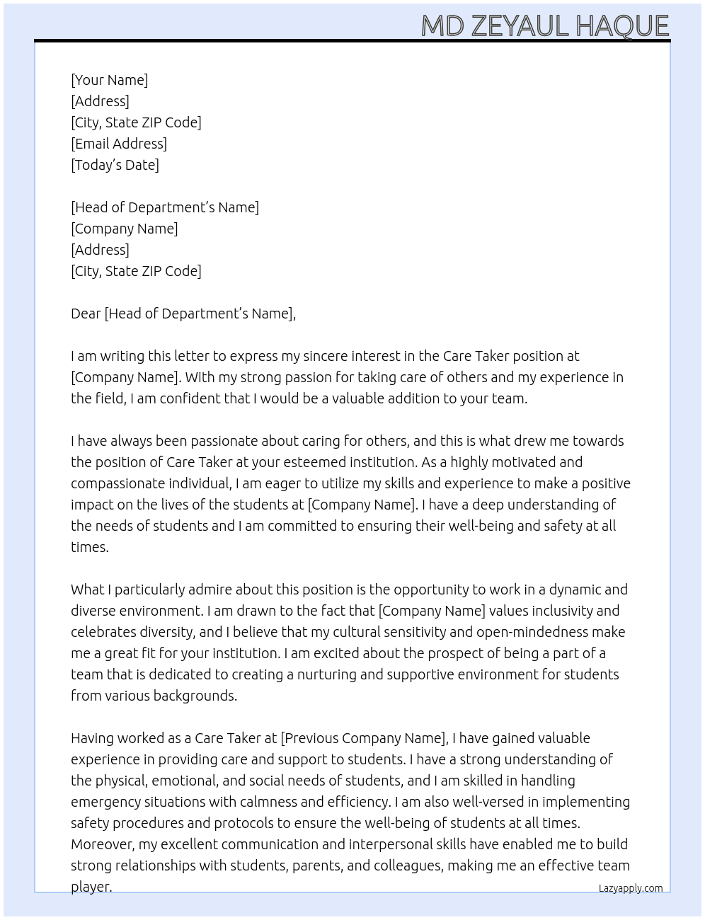 Care Taker At Educational Department  Cover Letter