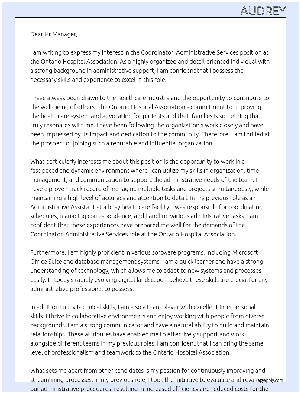 Coordinator, Administrative Services At Ontario Hospital Association Cover Letter