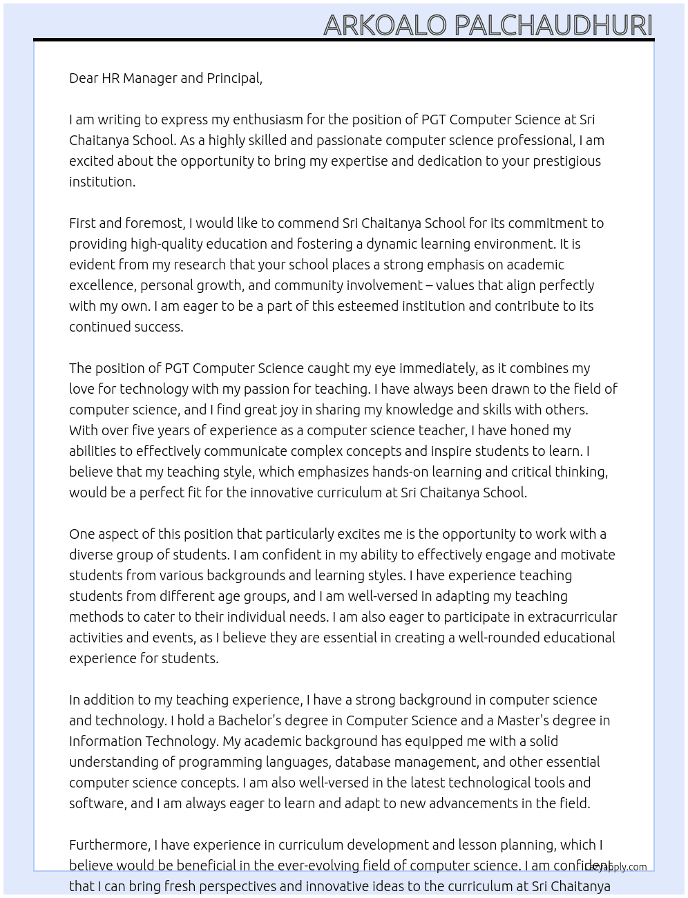 PGT Computer Science At Sri Chaitanya School Cover Letter