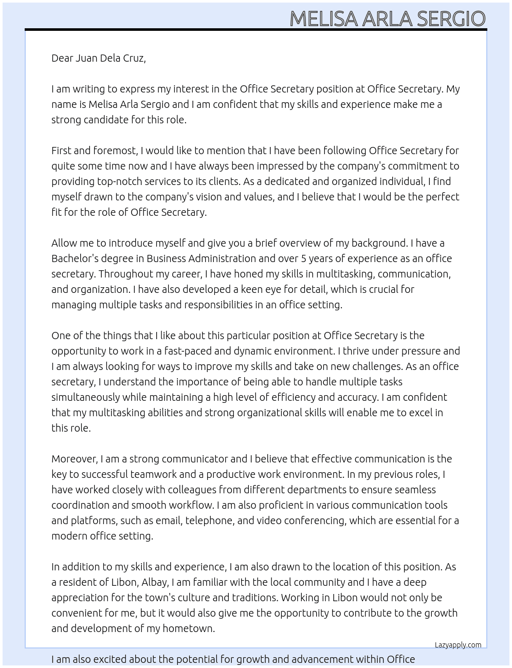 Office secretary  At Office Secretary  Cover Letter