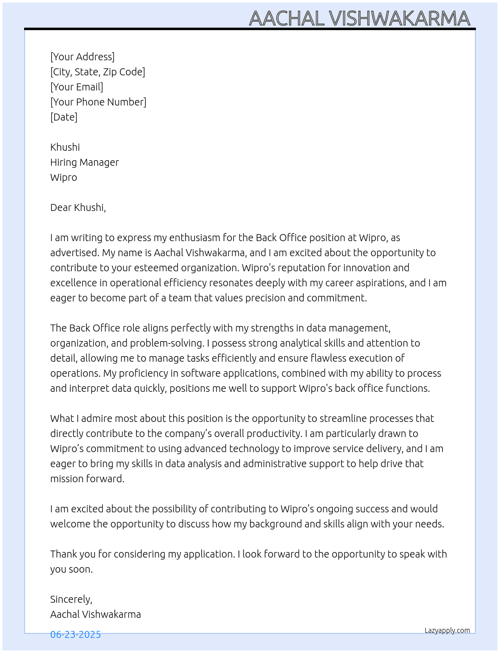 Back office  At Wipro Cover Letter