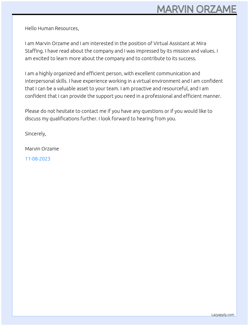 Virtual Assistant At Mira Staffing Cover Letter