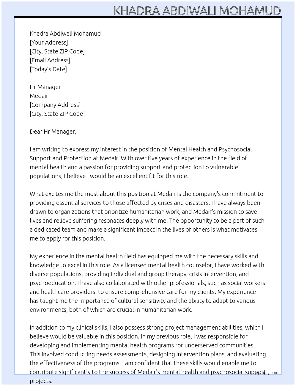 Mental health snd psychosocial support and protection At Medair Cover Letter