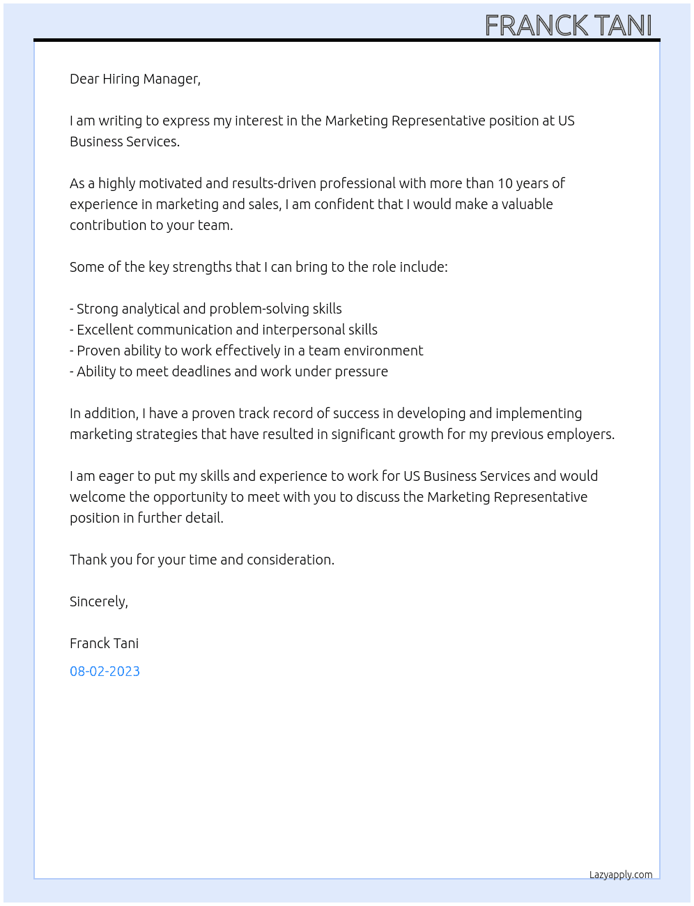 Marketing Representative  At US business services  Cover Letter