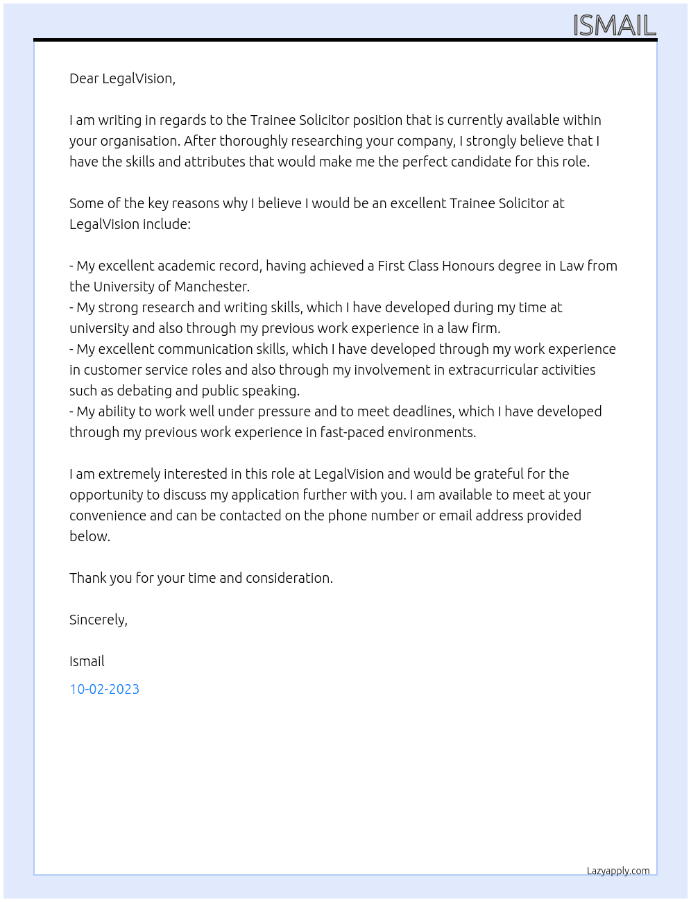 Trainee Solicitor At Legalvision Cover Letter