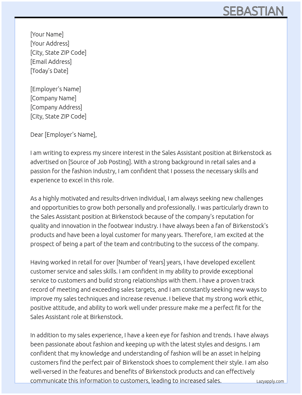 sales assistant  At Birkenstock  Cover Letter