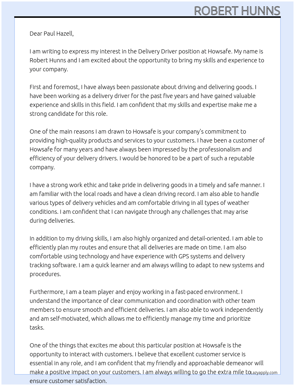 Delivery driver At Howsafe Cover Letter