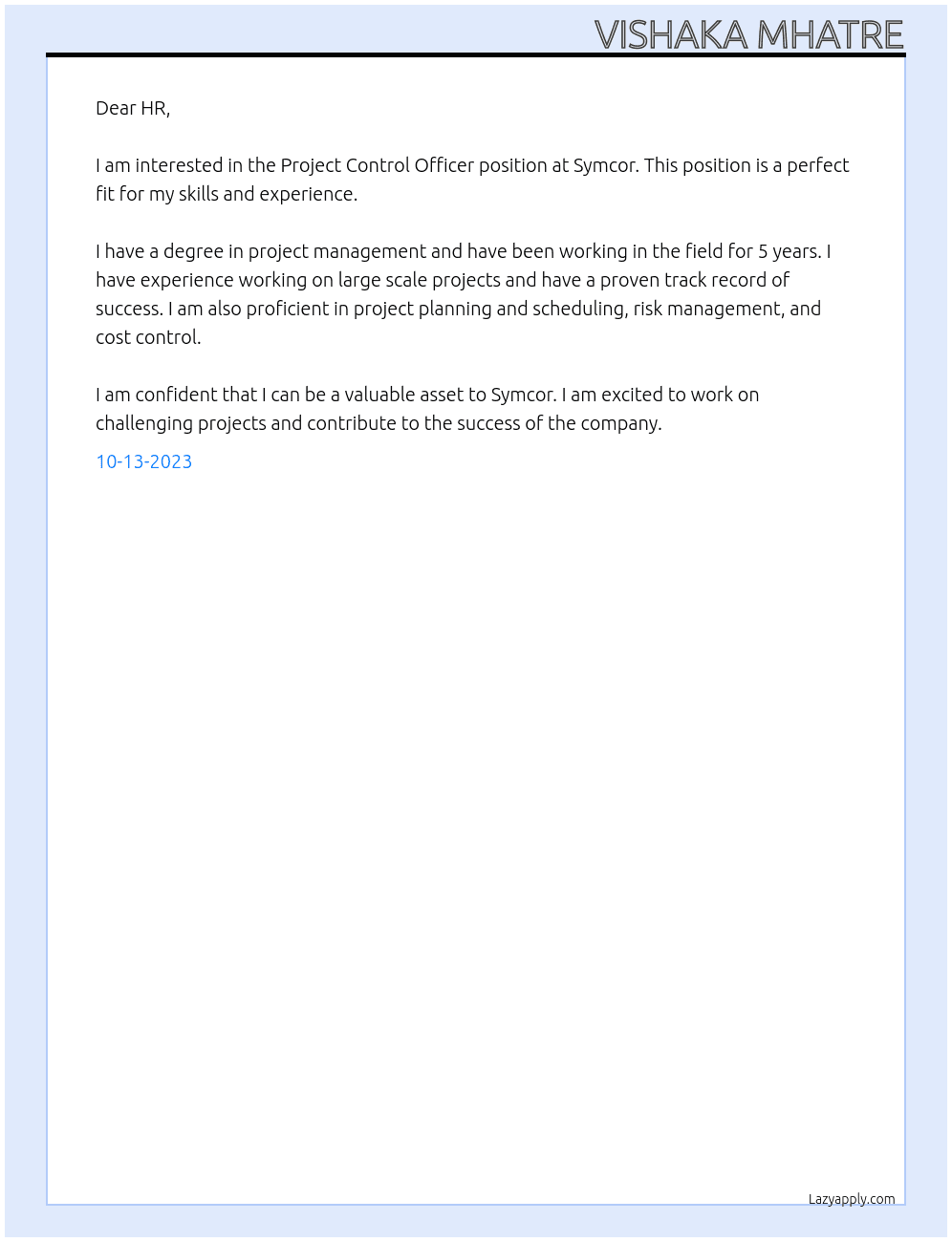 Project Control Officer At Symcor Cover Letter