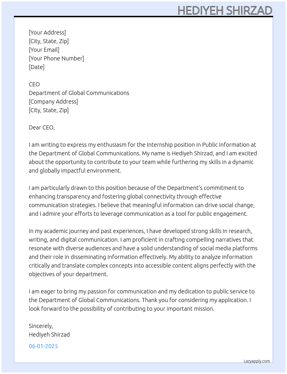 Internship -Public Information At Department of Global Communications Cover Letter