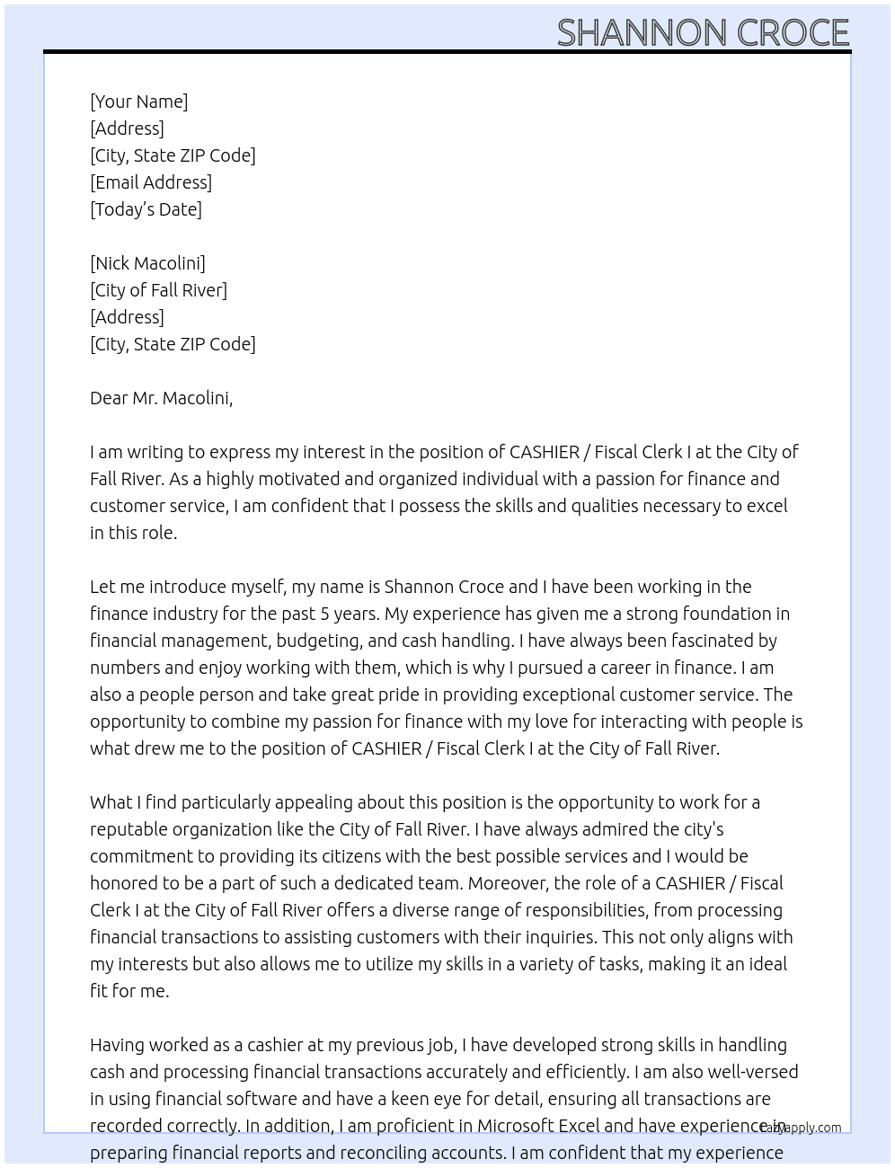 CASHIER / Fiscal Clerk I At City of Fall River Cover Letter