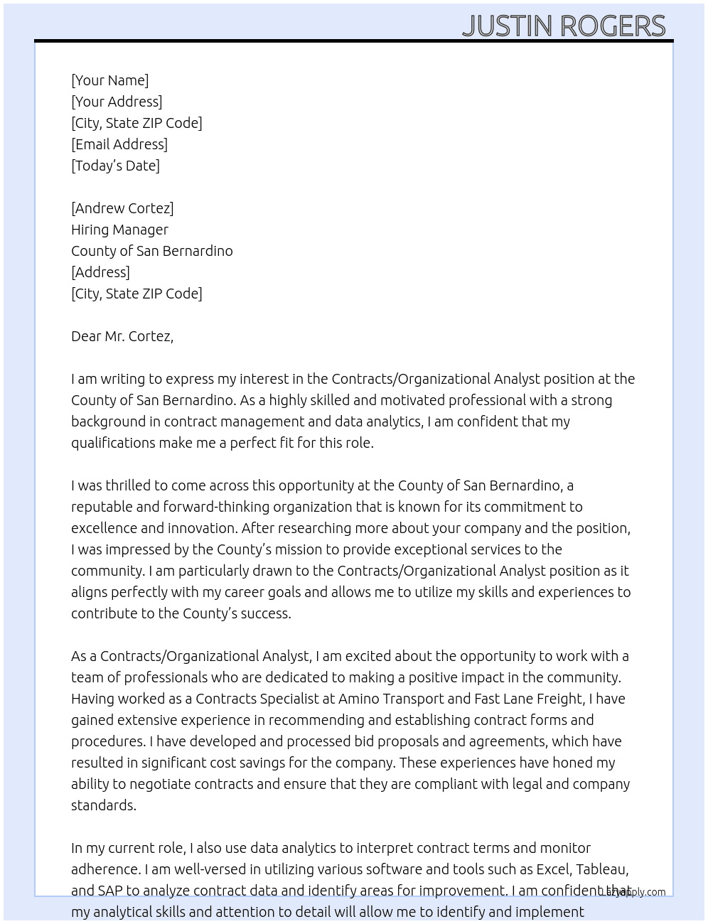 Contracts/Organizational Analyst At County of San Bernadino  Cover Letter