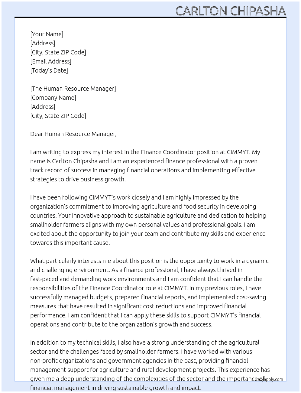 Finance Coordinator  At CIMMYT Cover Letter