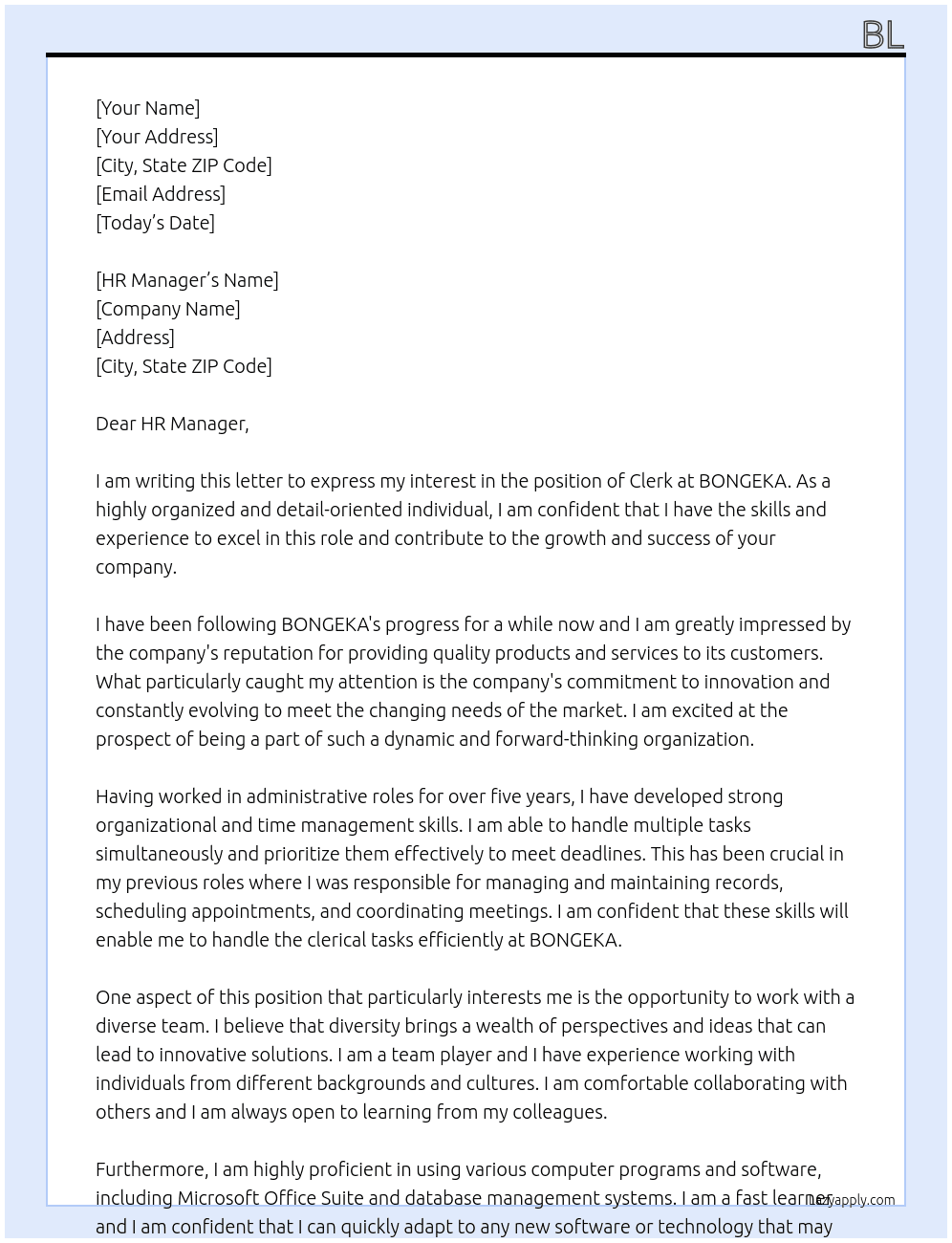 Clerk At BONGEKA Cover Letter