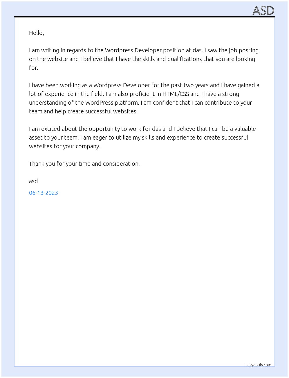 Wordpress Developer At das Cover Letter