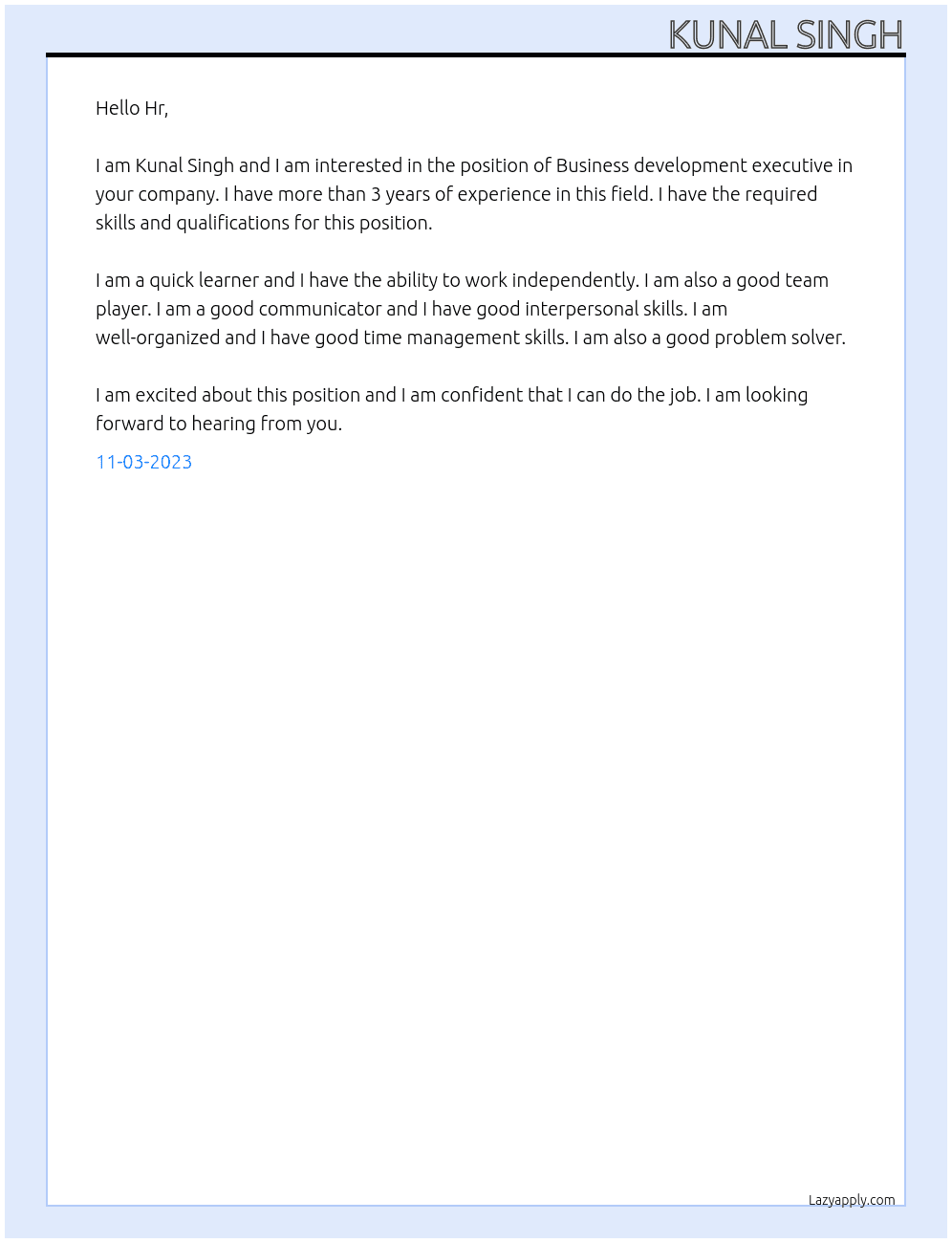 Business development executive  At Exotic learning  Cover Letter