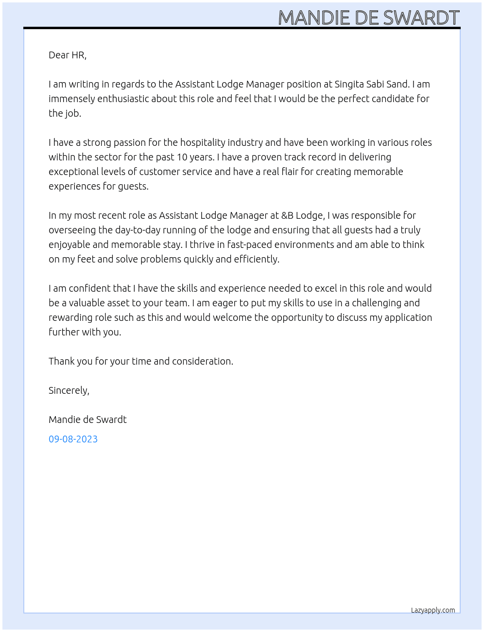 Assistant Lodge Manager At Singita Sabi Sand Cover Letter