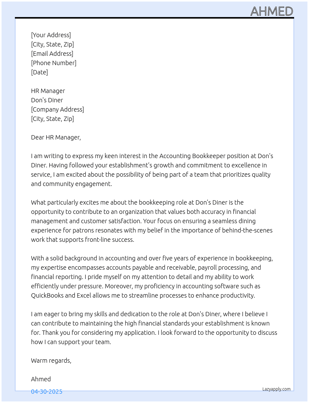 accounting bookkeeper At Don's Diner Cover Letter