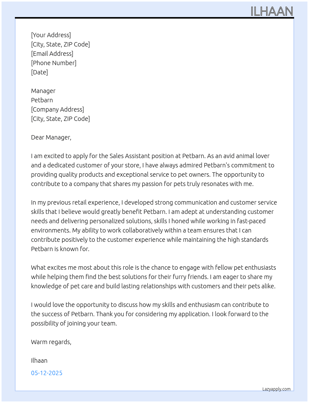 Sales assistant At Petbarn Cover Letter