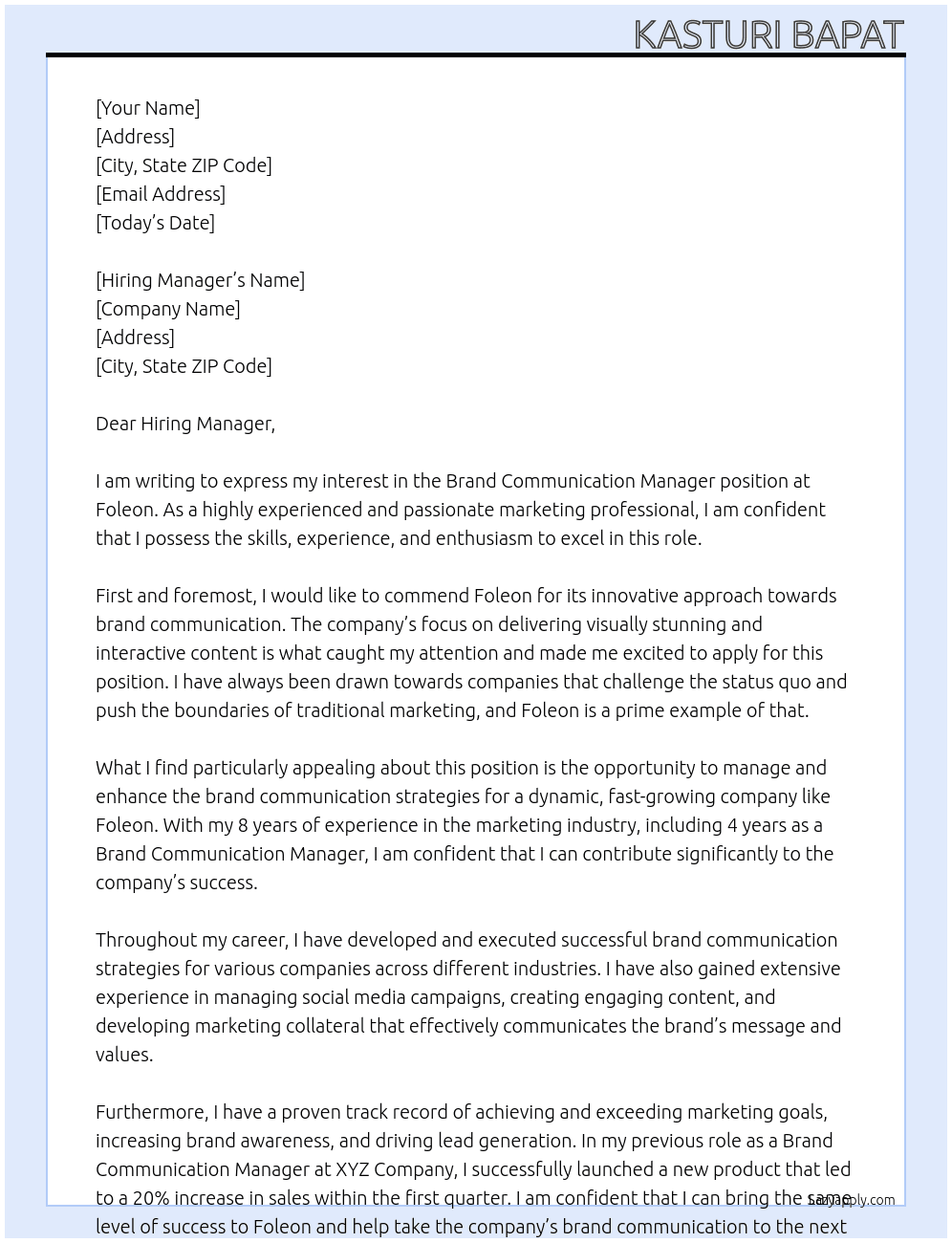Brand Communication Manager At Foleon Cover Letter