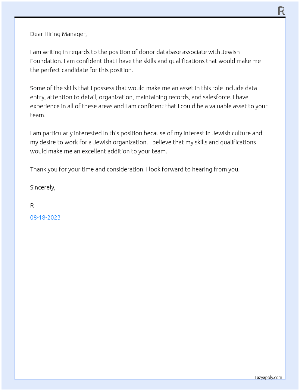 donor database associate At Jewish Foundation Cover Letter