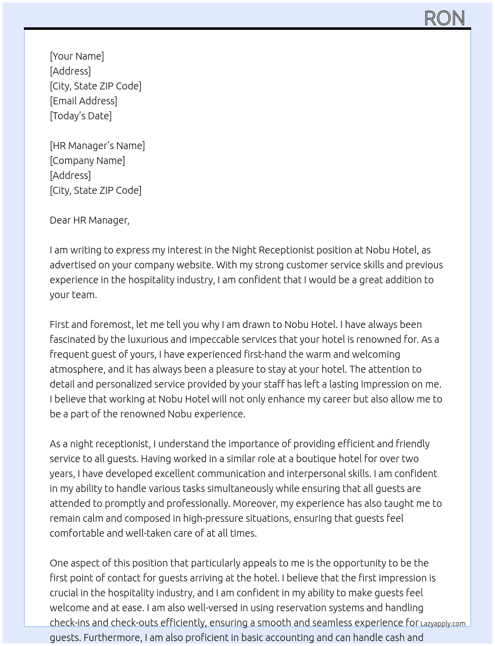 Cover letter for night receptionist - LazyApply