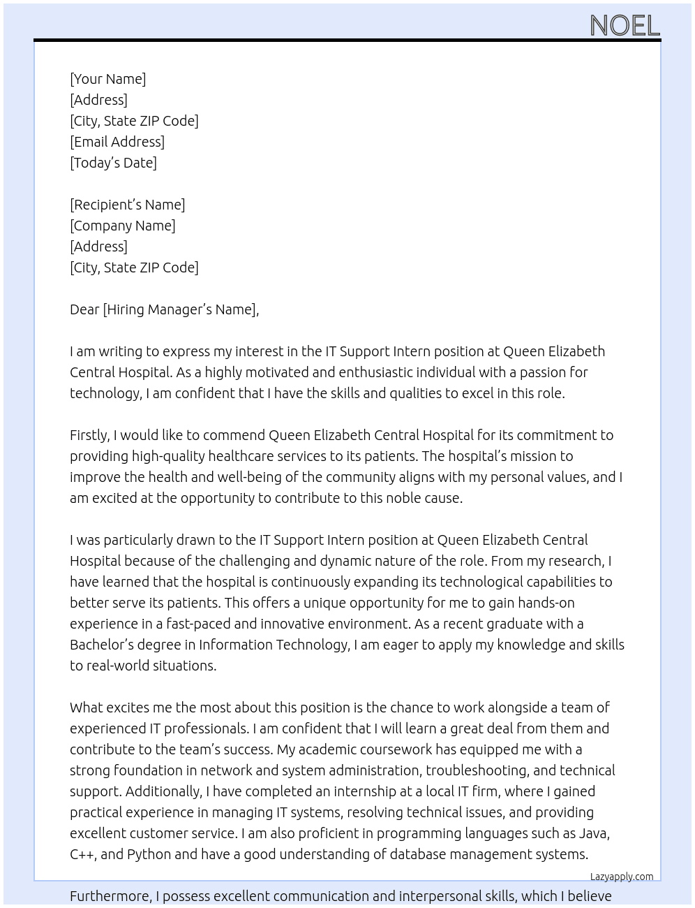IT Support Intern At Queen Elizabeth Central Hospital Cover Letter