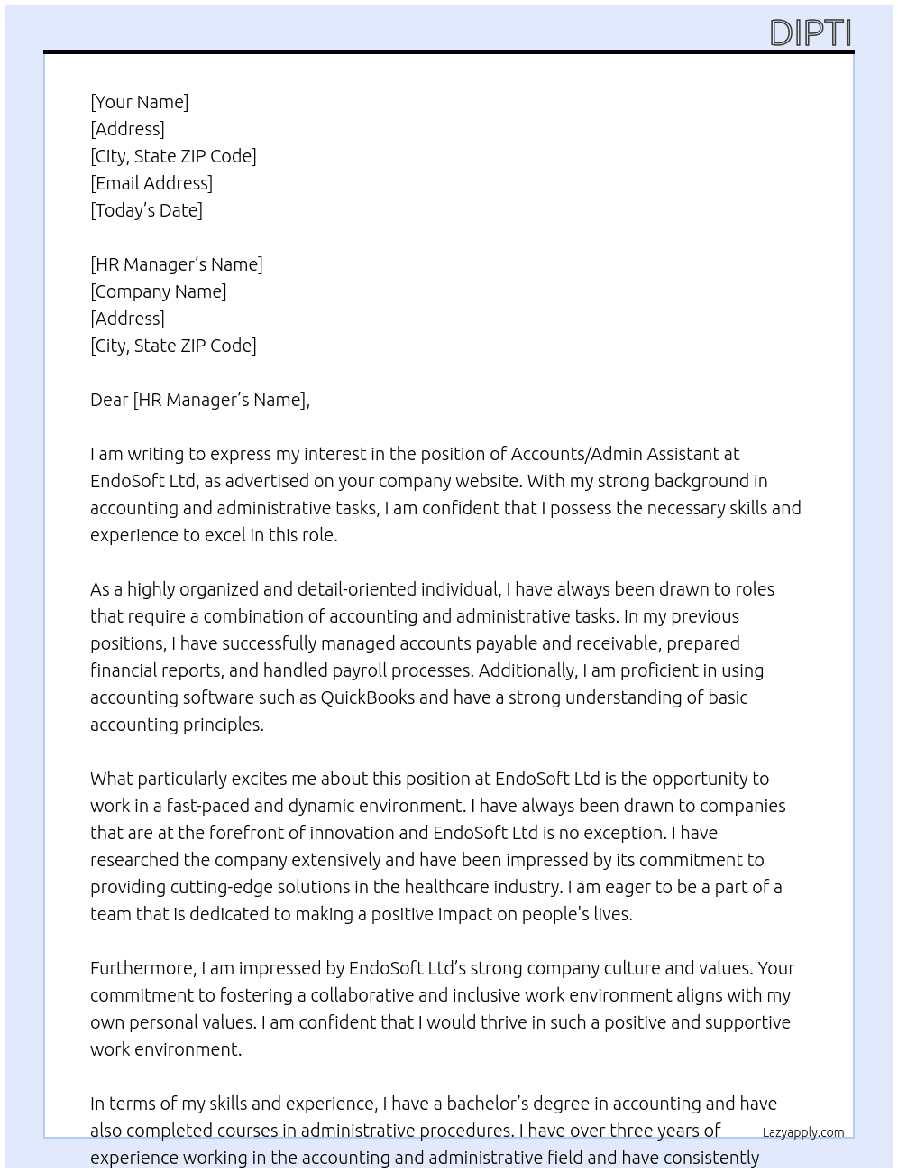 Accounts/Admin Assistant At EndoSoft Ltd Cover Letter
