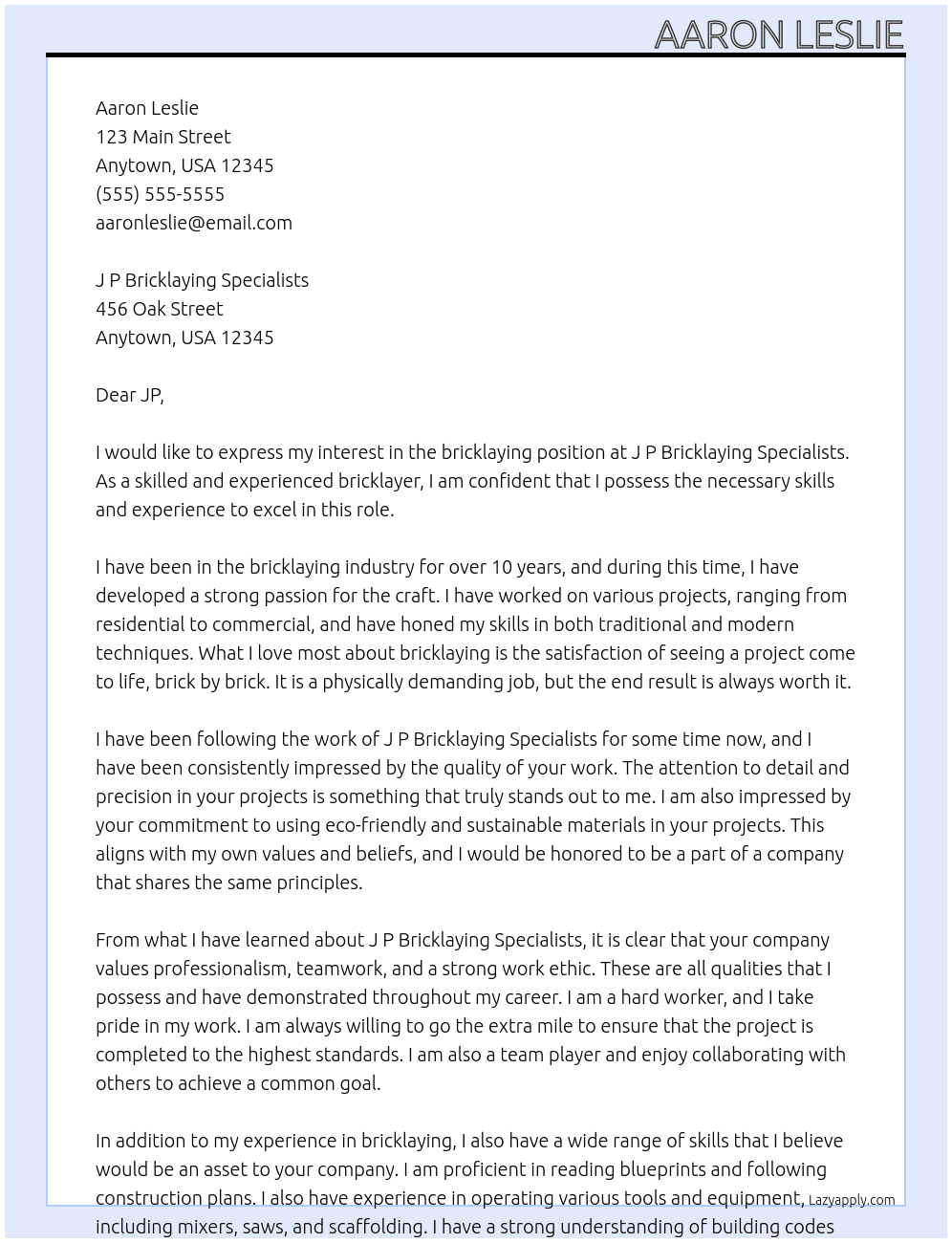 bricklaying At J P Bricklaying Specialists Cover Letter