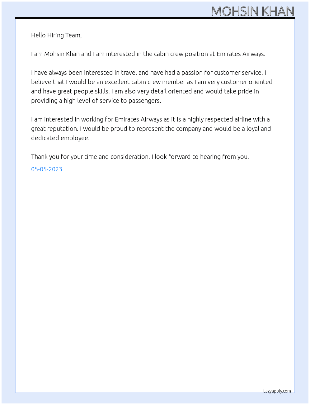 cabin crew At Emirates Airways Cover Letter