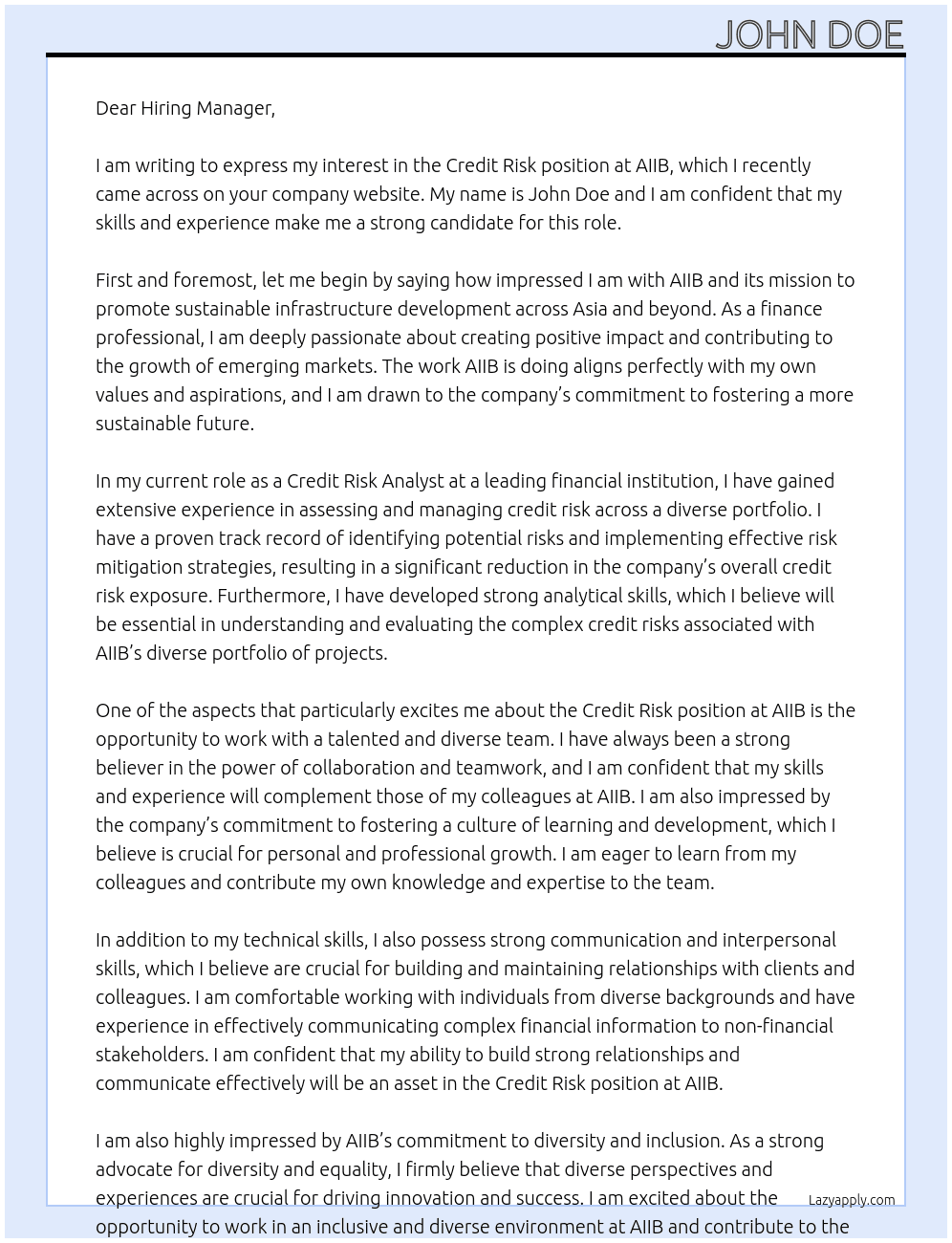 credit risk At AIIB Cover Letter