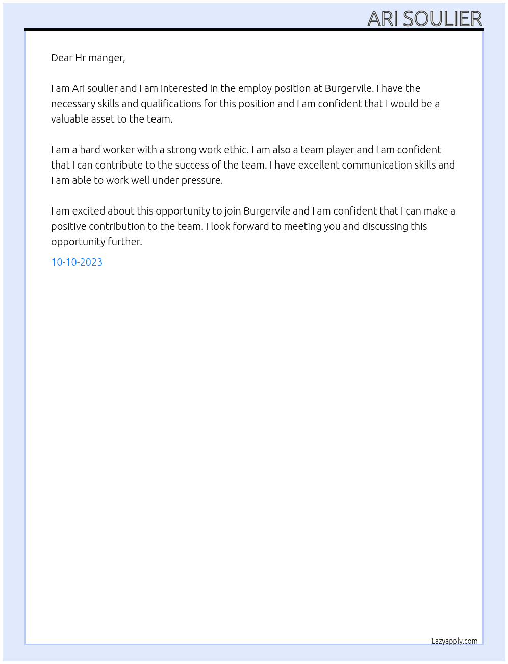 employ  At Burgervile Cover Letter
