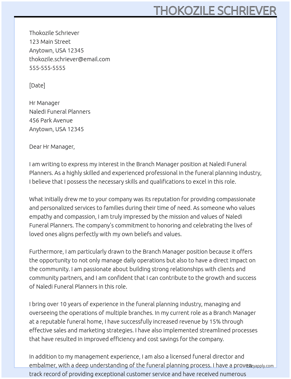 Branch Manager  At Naledi Funeral Planners Cover Letter
