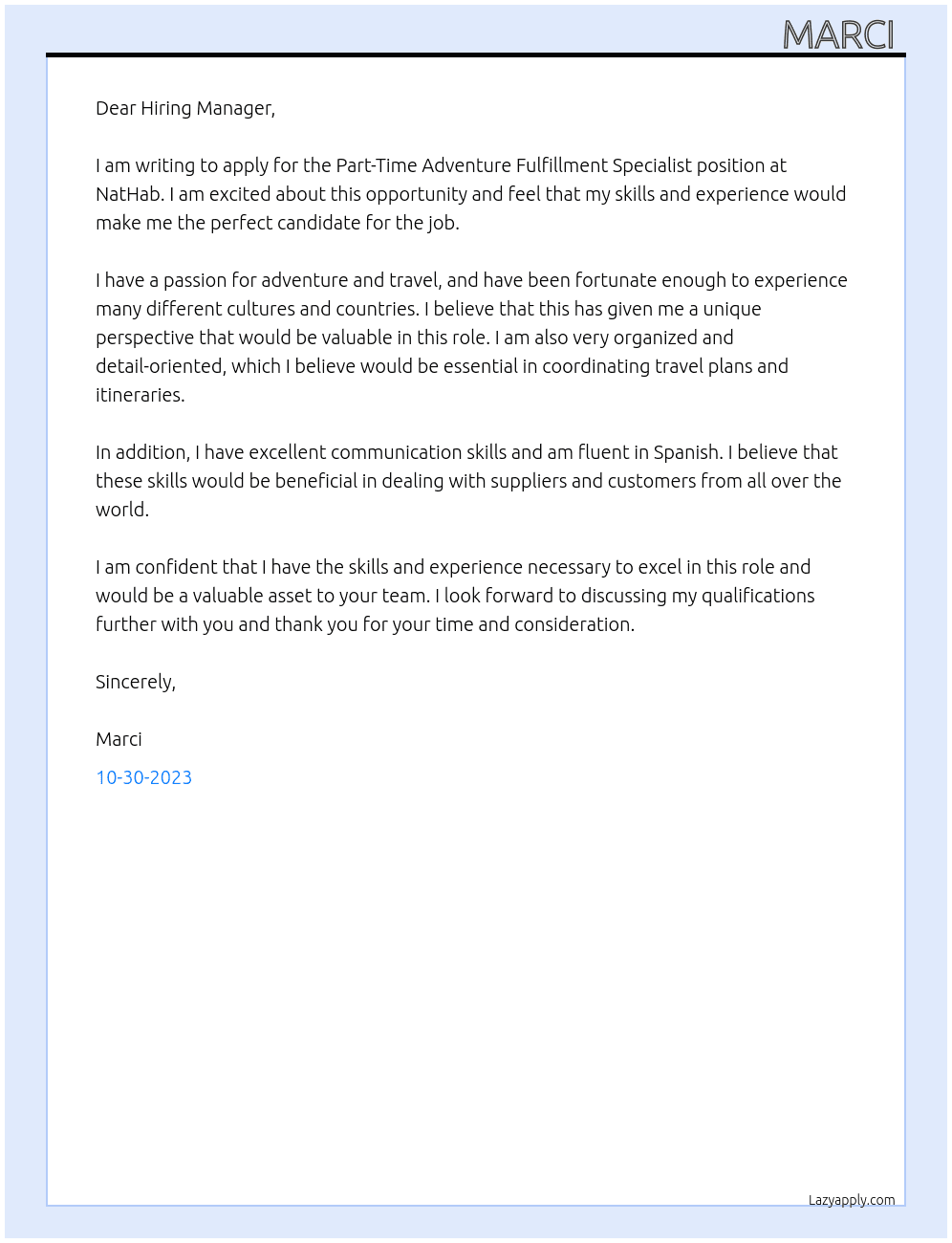 Part-Time Adventure Fulfillment Specialist At NatHab Cover Letter
