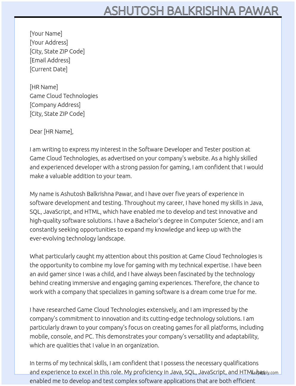 Software developer, Tester At Game cloud Technologies  Cover Letter