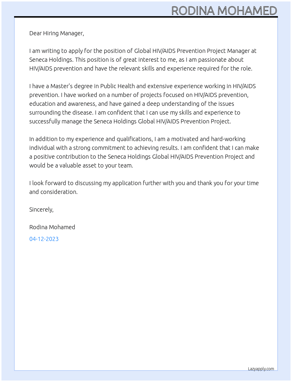 Global HIV/AIDS Prevention Project Manager At Seneca Holdings Cover Letter