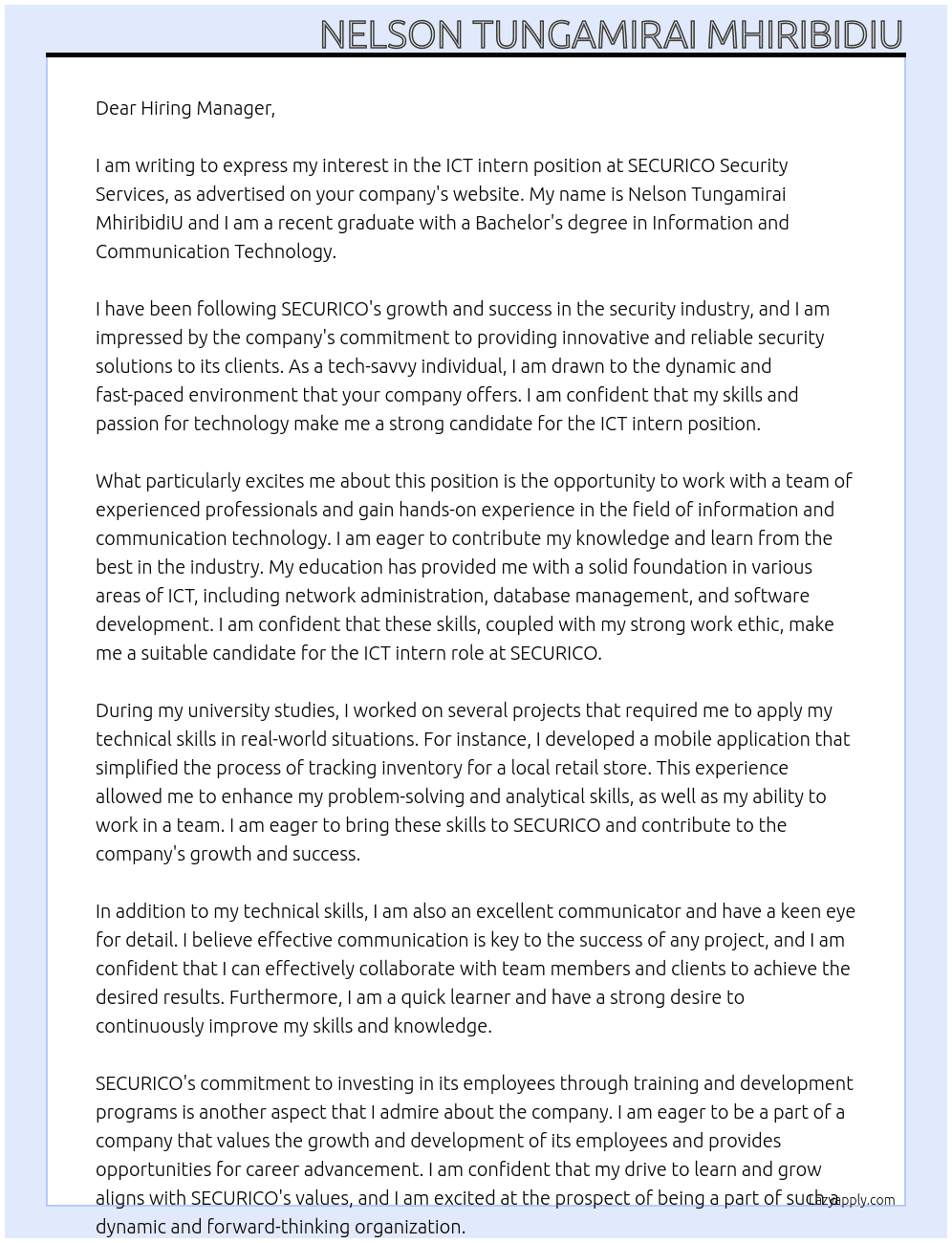 ICT intern At SECURICO Security Services Cover Letter