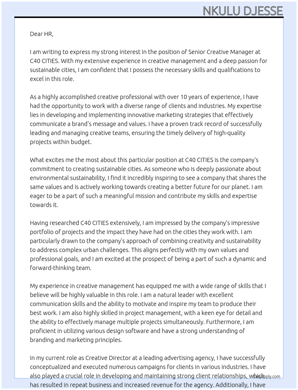 Senior Creative Manager At C40 CITIES Cover Letter