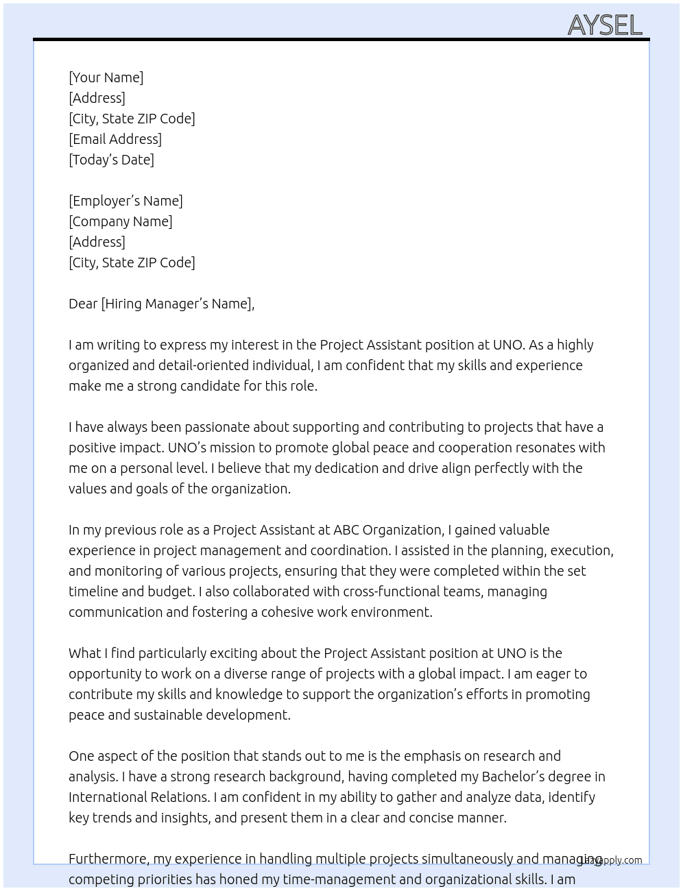 Project assistant  At UNO Cover Letter