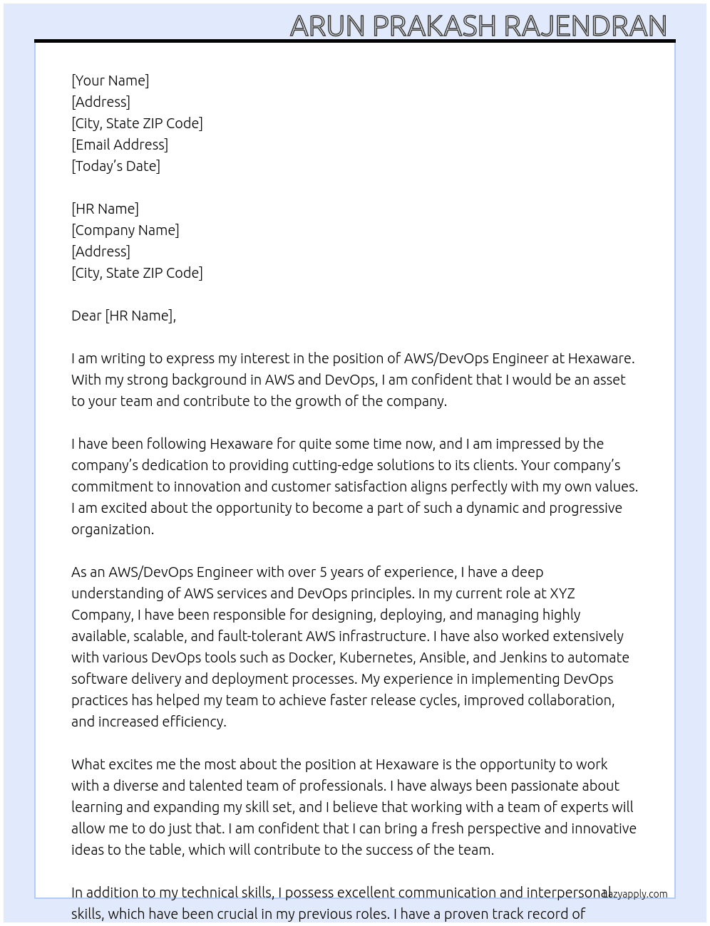 AWS/DevOps Engineer At Hexaware Cover Letter