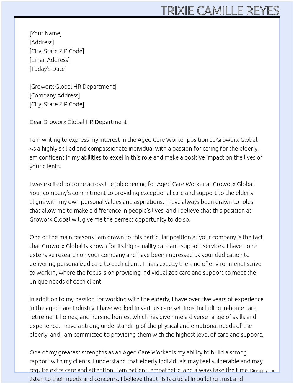 Aged Care Worker At Groworx Global Cover Letter