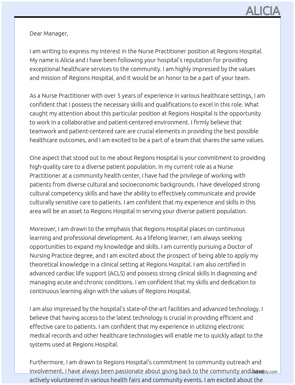 Nurse Practitioner At Regions Hospital  Cover Letter