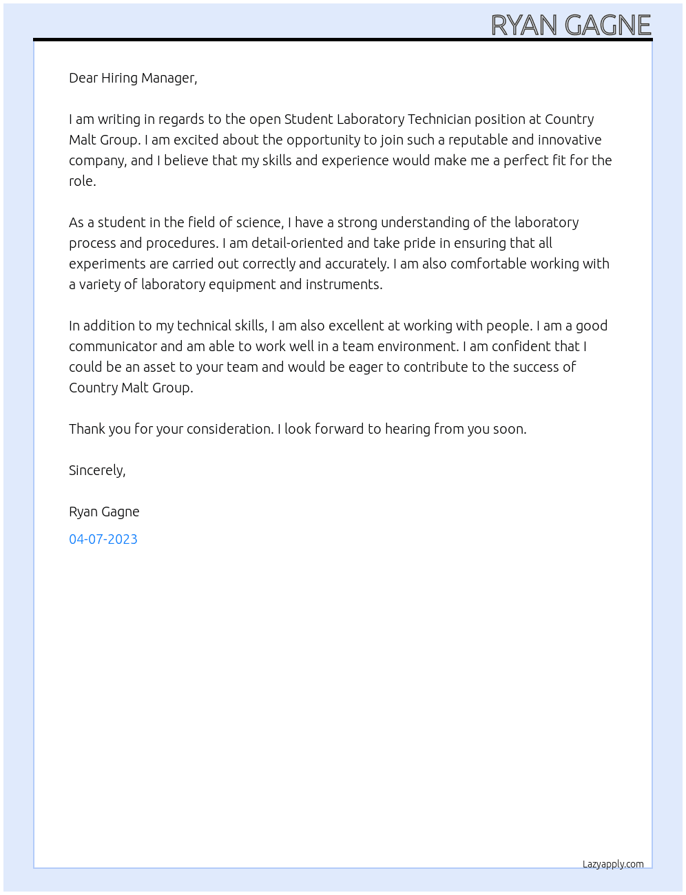 Student Laboratory Technician At Country Malt Group Cover Letter