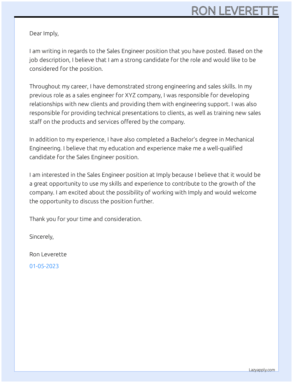 Sales Engineer  At Imply Cover Letter