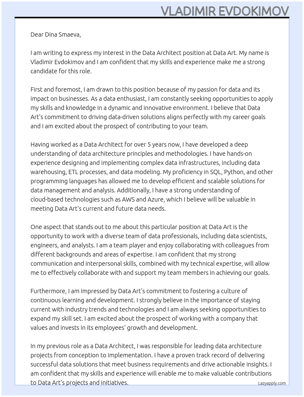 Data Architect At Data Art Cover Letter