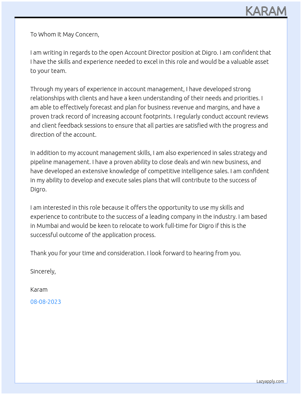 Account Director At Digro Cover Letter