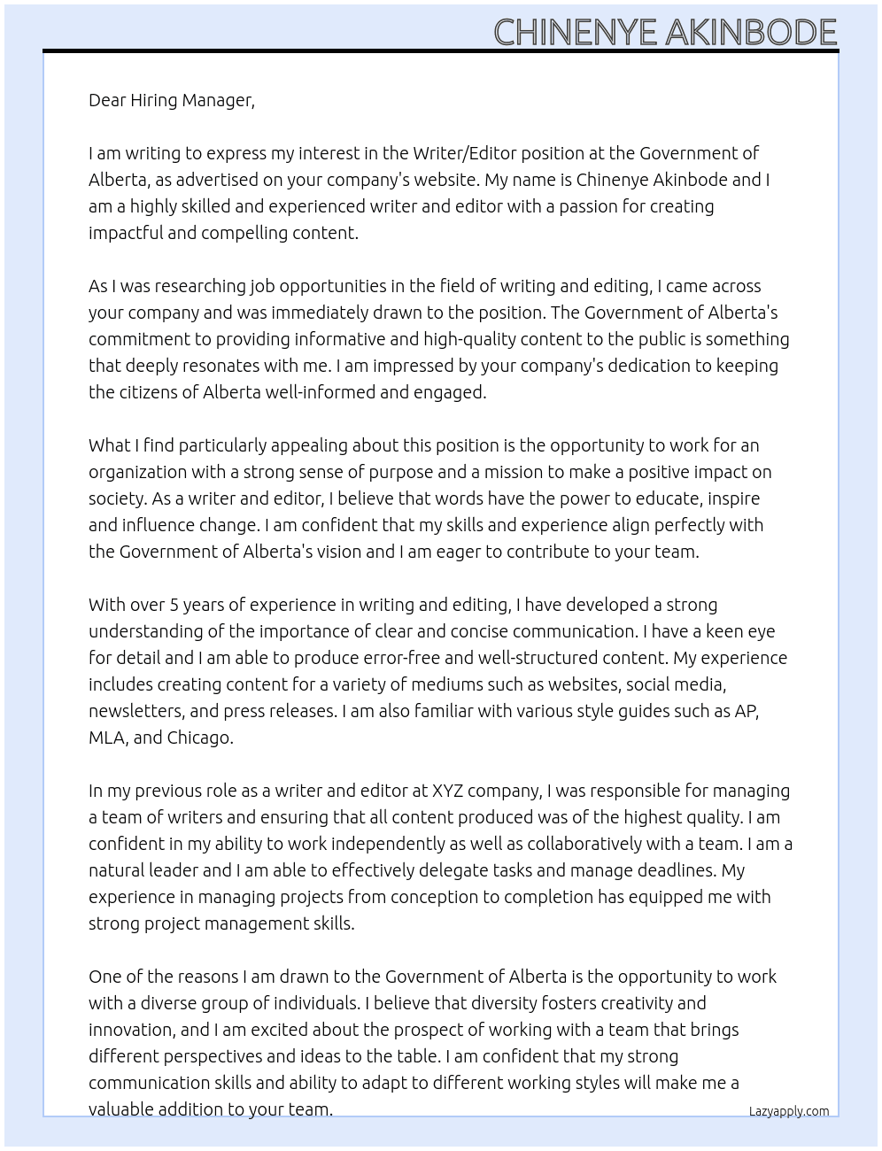 writer/ editor At government of alberta Cover Letter