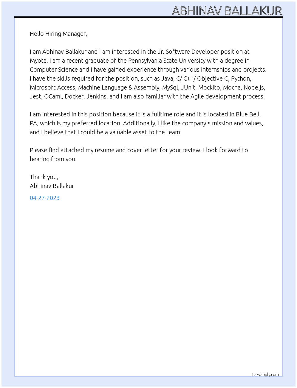 Jr. Software Developer At Myota Cover Letter