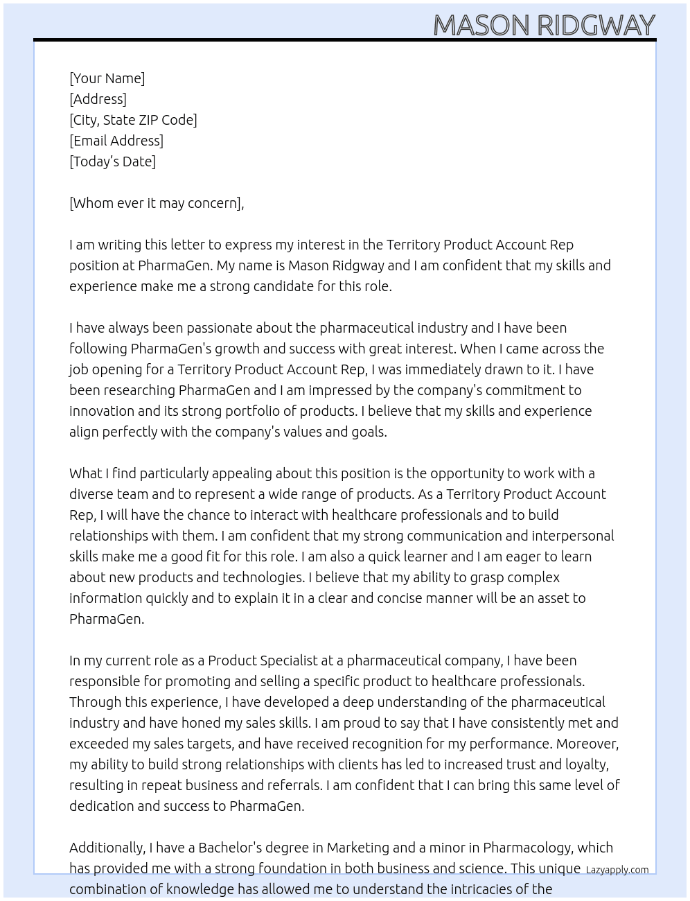 Territory Product Account Rep At PharmaGen Cover Letter