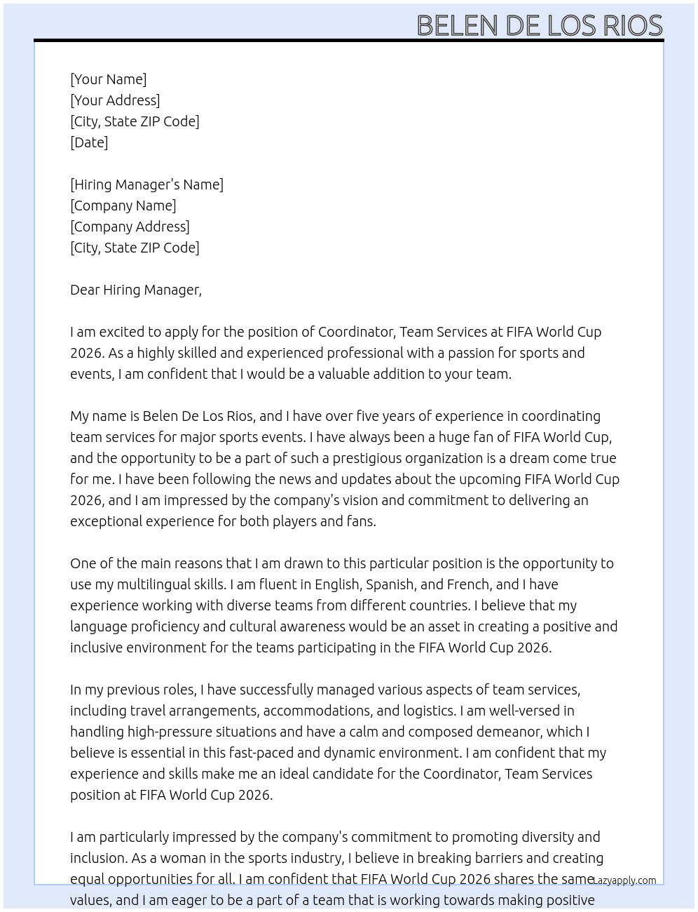 Coordinator, Team Services At FIFA World Cup 2026 Cover Letter